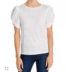 Goldie Lewinter Twisted Puff Sleeve Pima Cotton Slub T-Shirt Top Small White